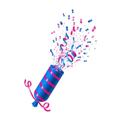 Colorful holiday party popper exploding with serpentine realistic vector illustration
