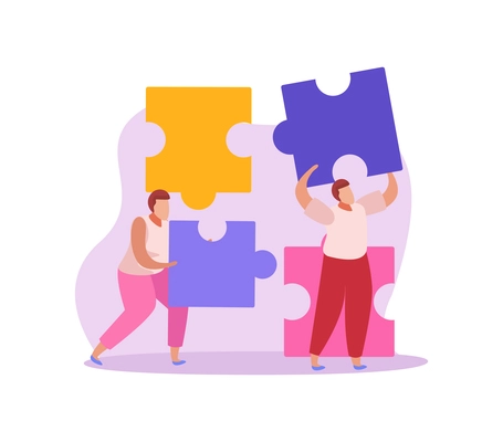 Crowdfunding flat icon with people holding colorful puzzle pieces vector illustration