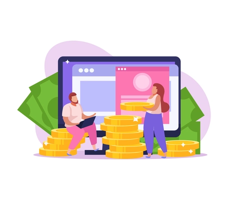 Crowdfunding flat icon with coins banknotes and people collecting money online vector illustration