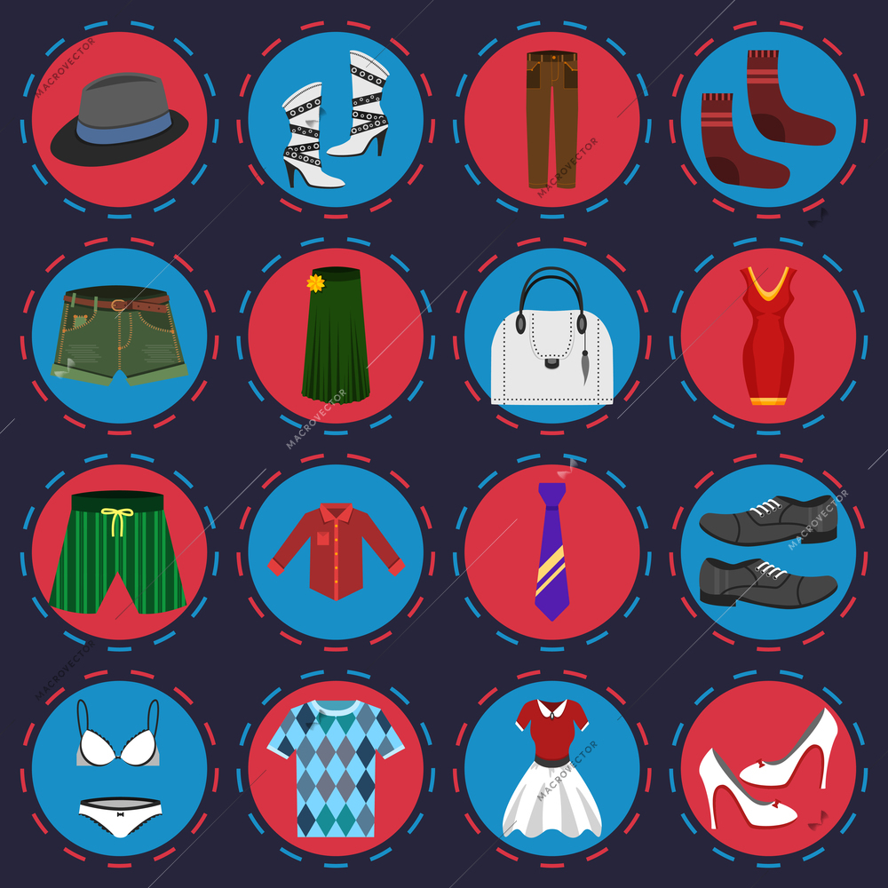Male and female fashion clothes lingerie and boots round button icons set isolated vector illustration