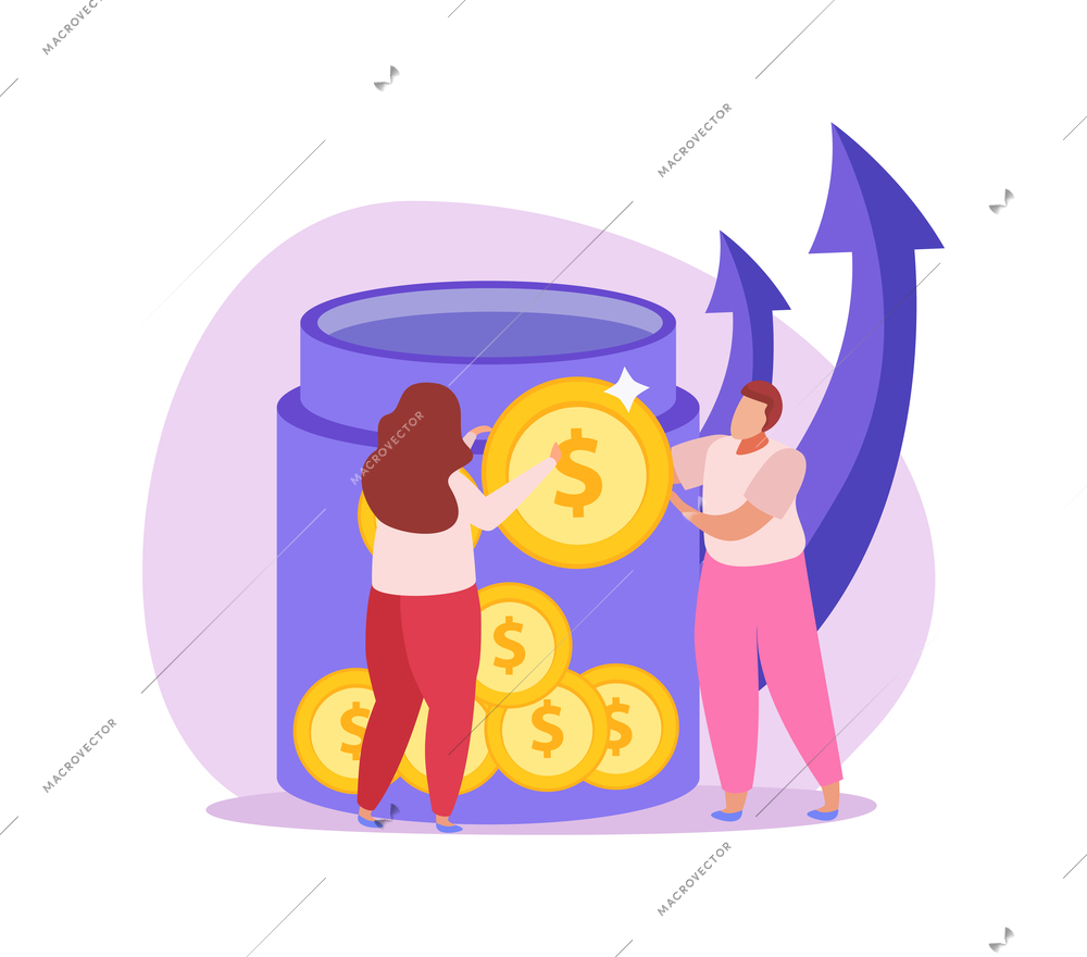 Crowdfunding icon with flat characters of people collecting coins vector illustration