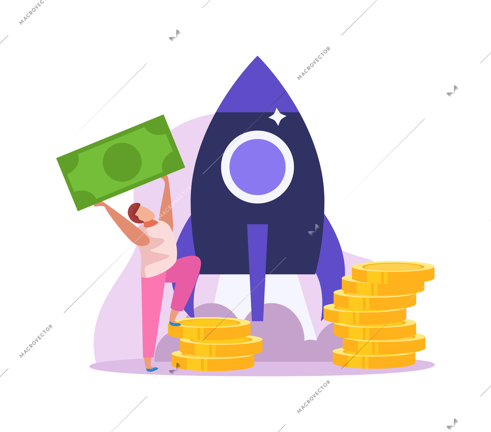 Crowdfunding flat colored icon with rocket coins and man holding banknote vector illustration