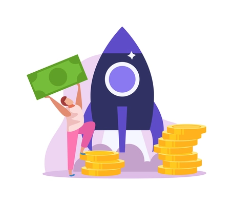 Crowdfunding flat colored icon with rocket coins and man holding banknote vector illustration