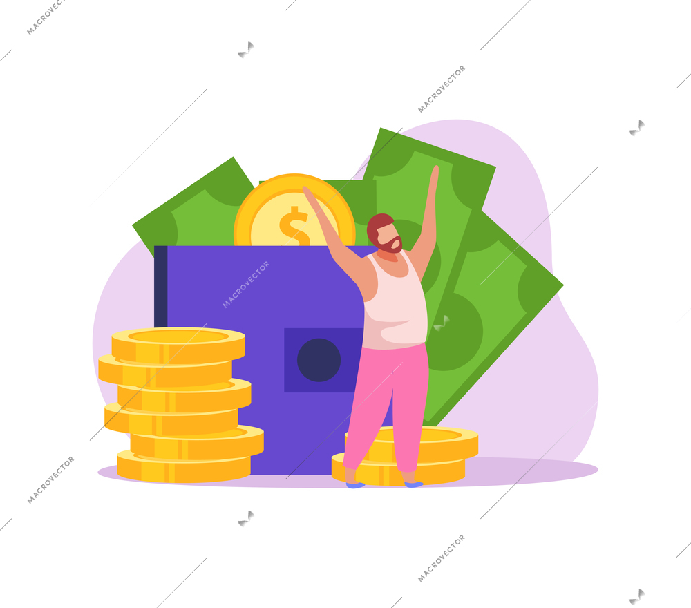 Crowdfunding flat icon with happy character collecting money vector illustration