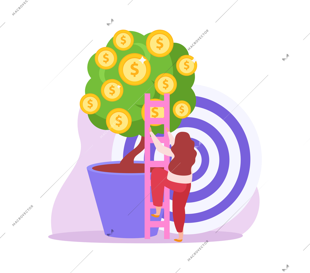 Crowdfunding flat icon with female character climbing money tree vector illustration