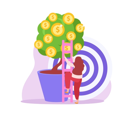 Crowdfunding flat icon with female character climbing money tree vector illustration