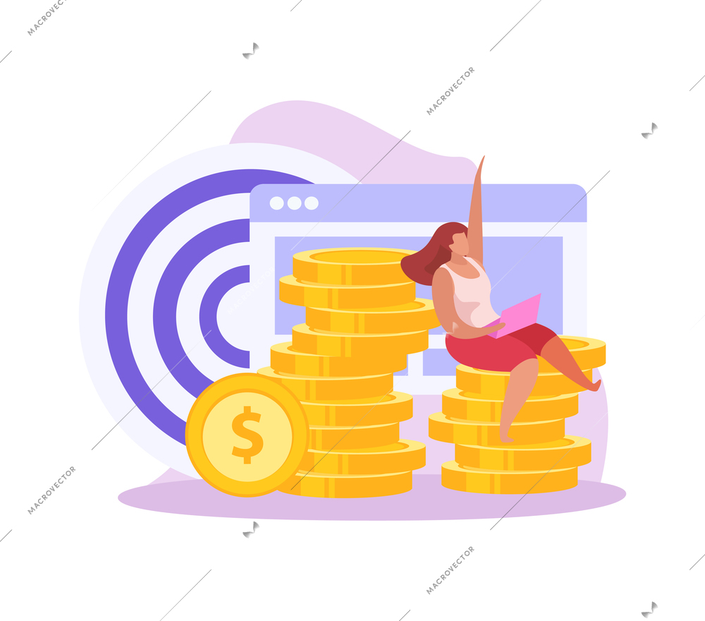 Crowdfunding flat icon with female character sitting on stack of gold coins vector illustration