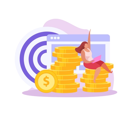 Crowdfunding flat icon with female character sitting on stack of gold coins vector illustration