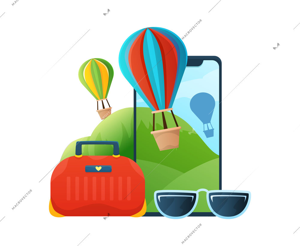 Travel flat composition with colorful hot air balloons sunglasses bag vector illustration