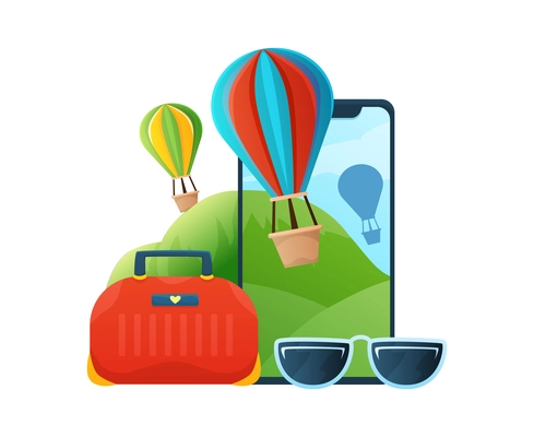 Travel flat composition with colorful hot air balloons sunglasses bag vector illustration