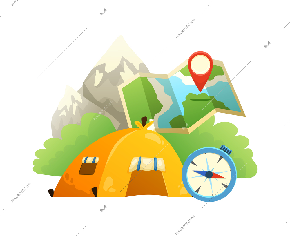 Travel flat composition with tent compass map on background with mountains vector illustration