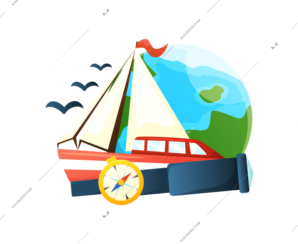 Flat travel composition with ship compass spyglass vector illustration