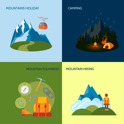 Mountains camping icons flat set with holiday equipment hiking isolated vector illustration