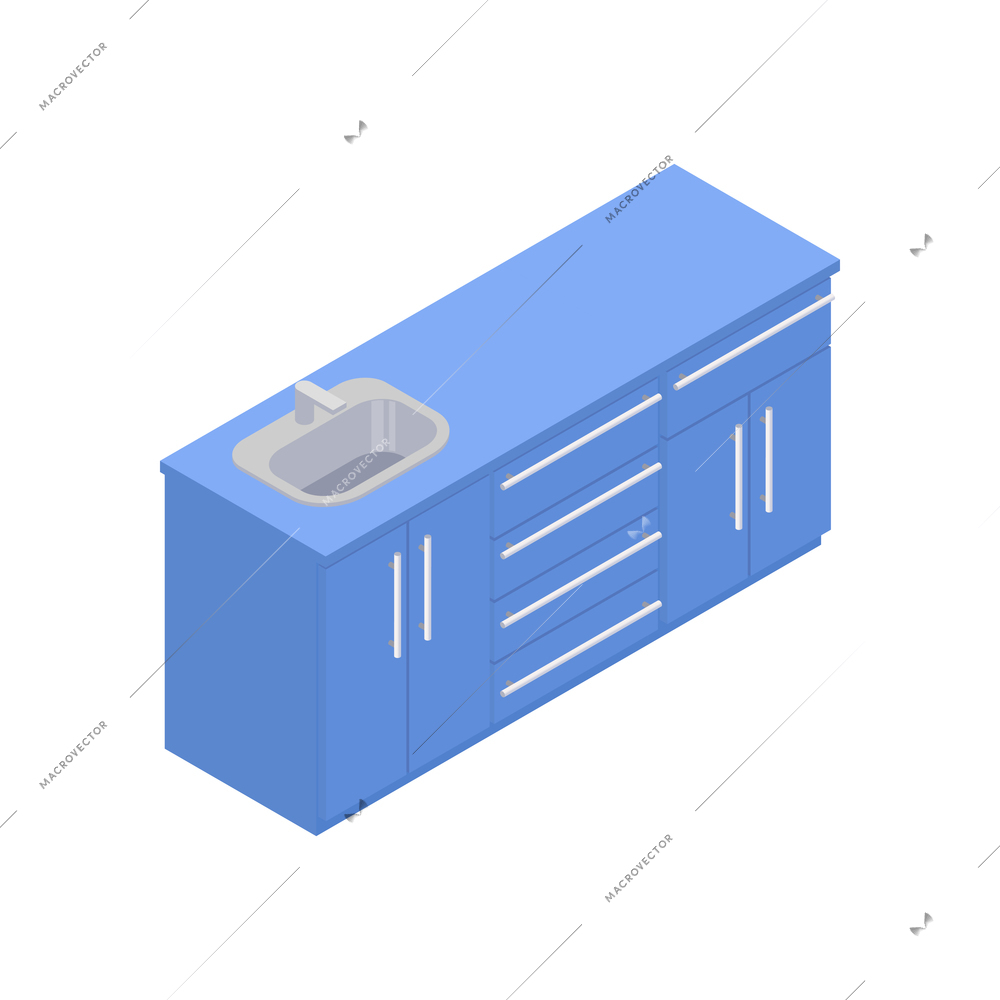 Isometric kitchen cupboards with sink in blue color 3d vector illustration
