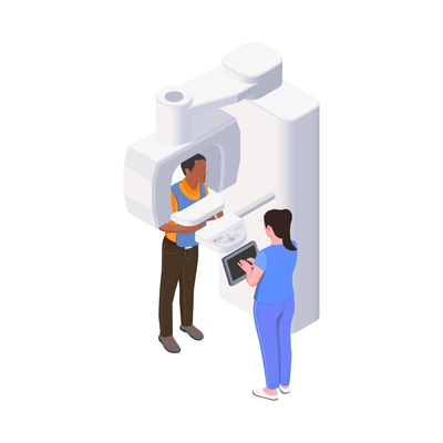 Stomatology clinic icon with patient having teeth xrayed isometric vector illustration