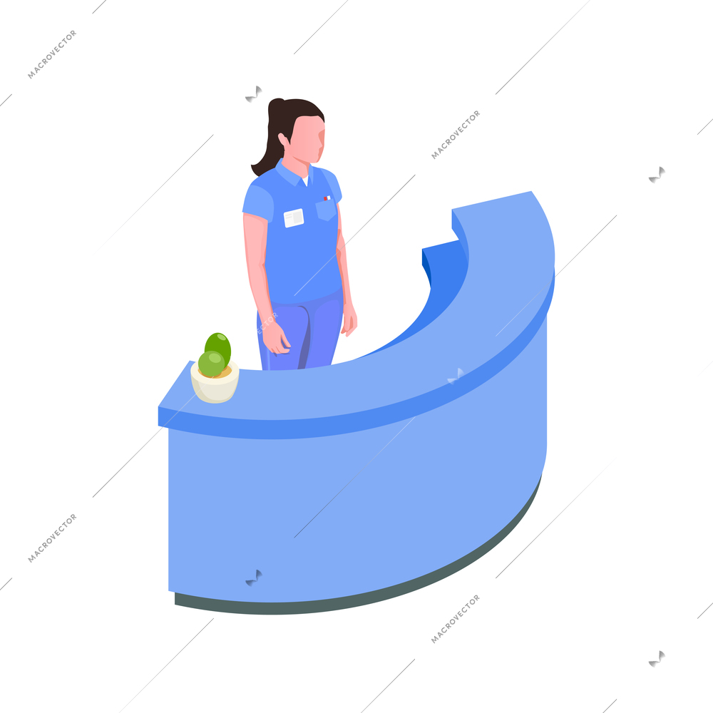 Stomatology clinic reception desk with female character isometric vector illustration