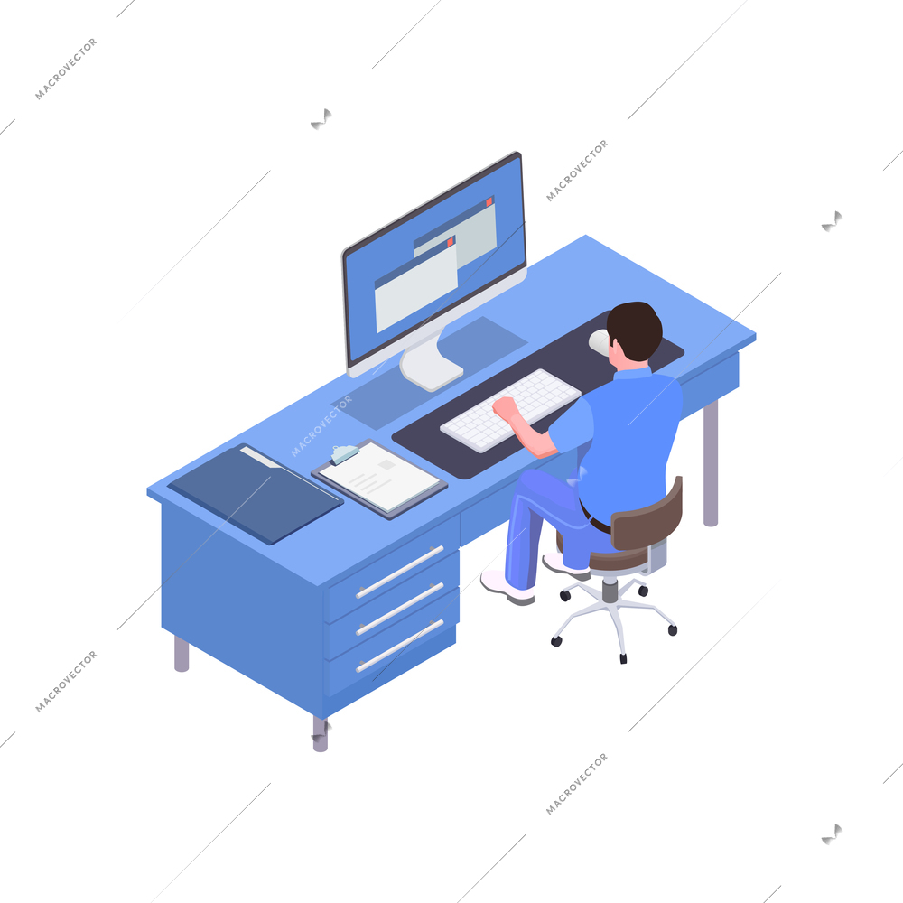 Stomatology clinic room with male character at work 3d isometric vector illustration