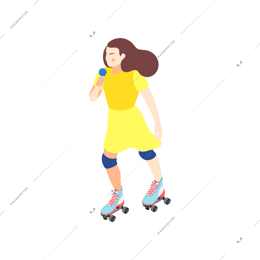 Modern city personal eco transport isometric icon with rollerskating female character 3d vector illustration