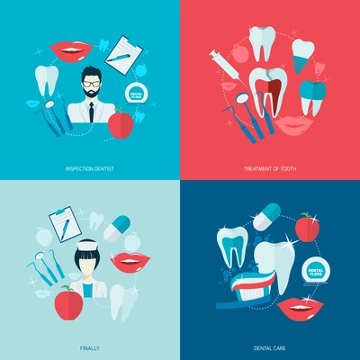 Teeth dental care health flat icons set with inspection dentist treatment isolated vector illustration