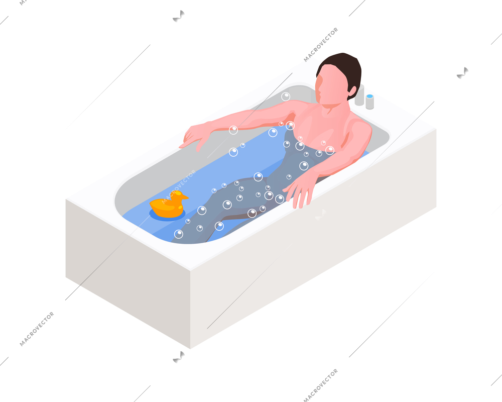 Hygiene isometric icon with woman taking bath with rubber duck 3d vector illustration