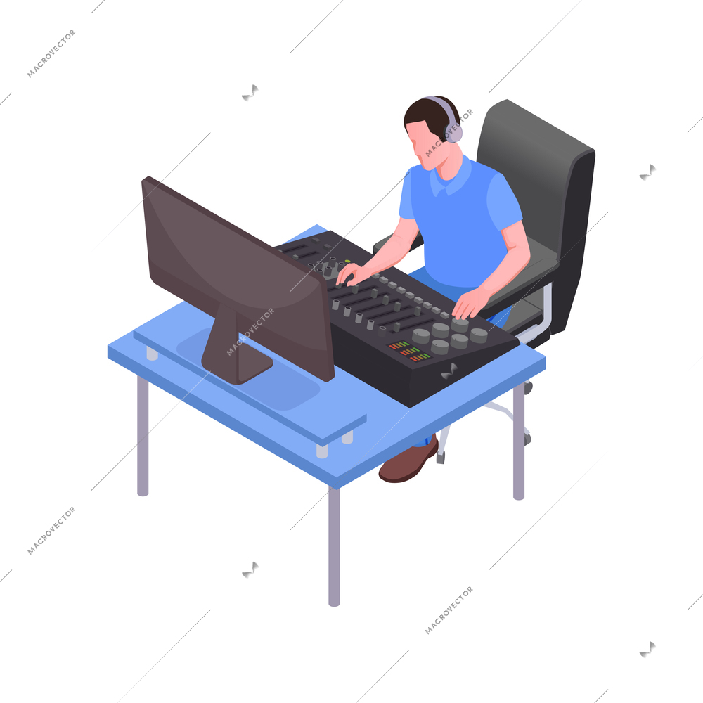 Radio studio isometric icon with sound producer at work 3d vector illustration
