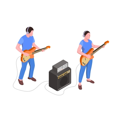 Recording studio isometric icon with man and woman in headphones playing guitars vector illustration