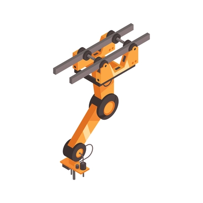 Automated orange robotic arm for factory assembly line isometric vector illustration