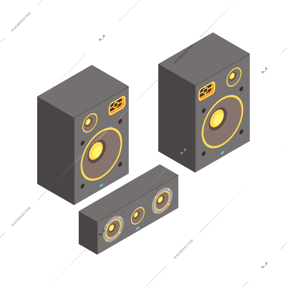 Three isometric speakers isolated on blank background 3d vector illustration