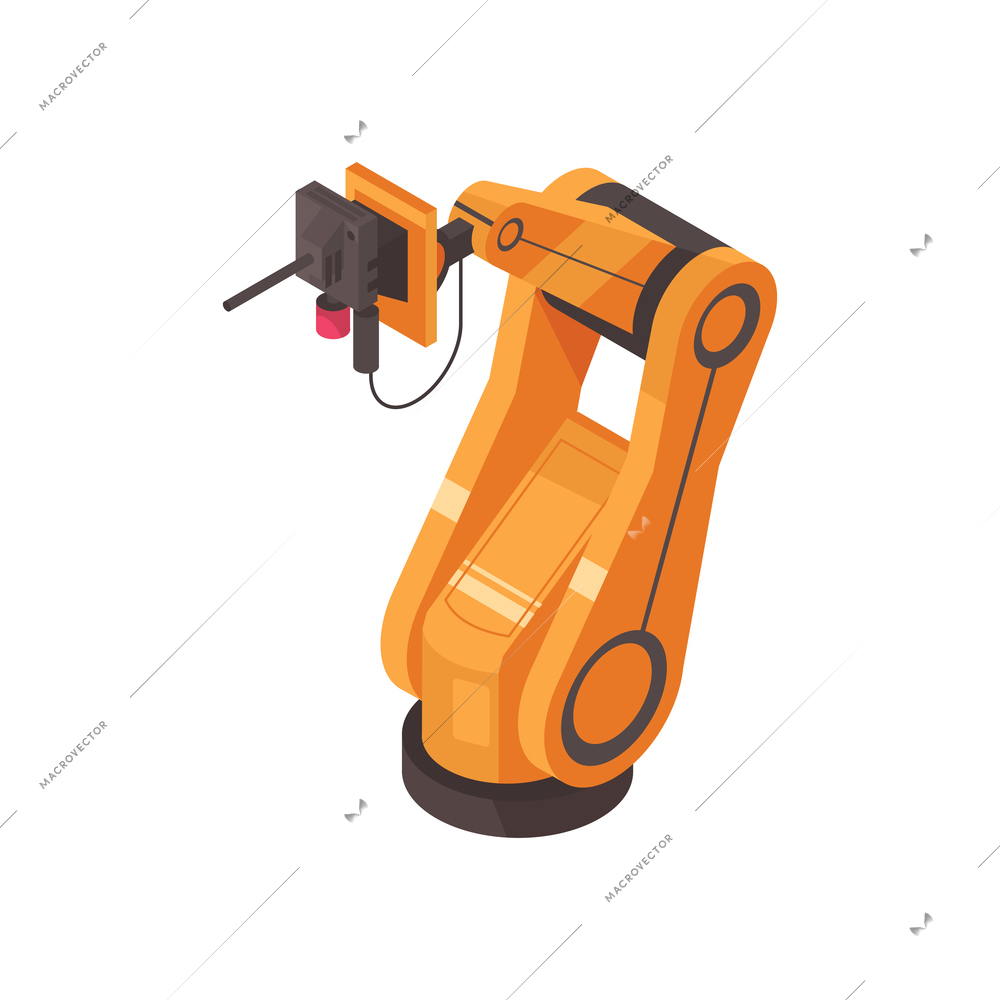 Automated mechanical factory robot in oragne color isometric vector illustration