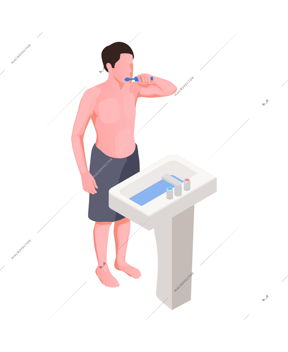 Hygiene isometric icon with man cleaning teeth in bathroom 3d vector illustration