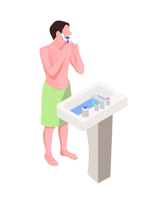 Isometric hygiene icon with man shaving in bathroom 3d vector illustration