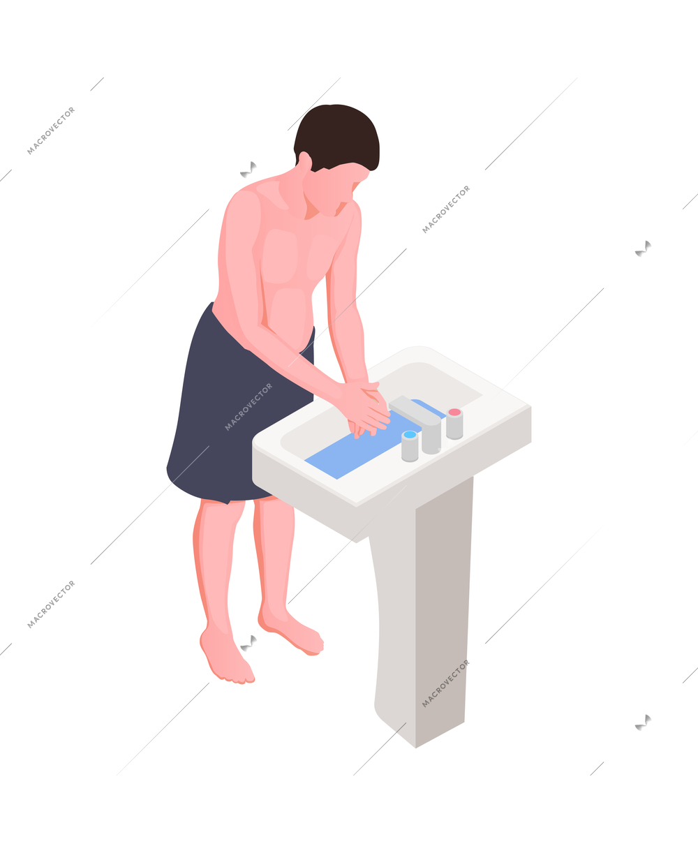 Hygiene isometric icon with man washing hands in sink 3d vector illustration