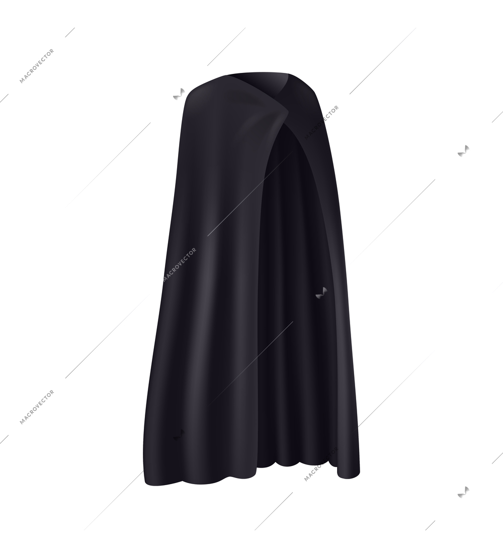 Black robe with folds on white background realistic vector illustration