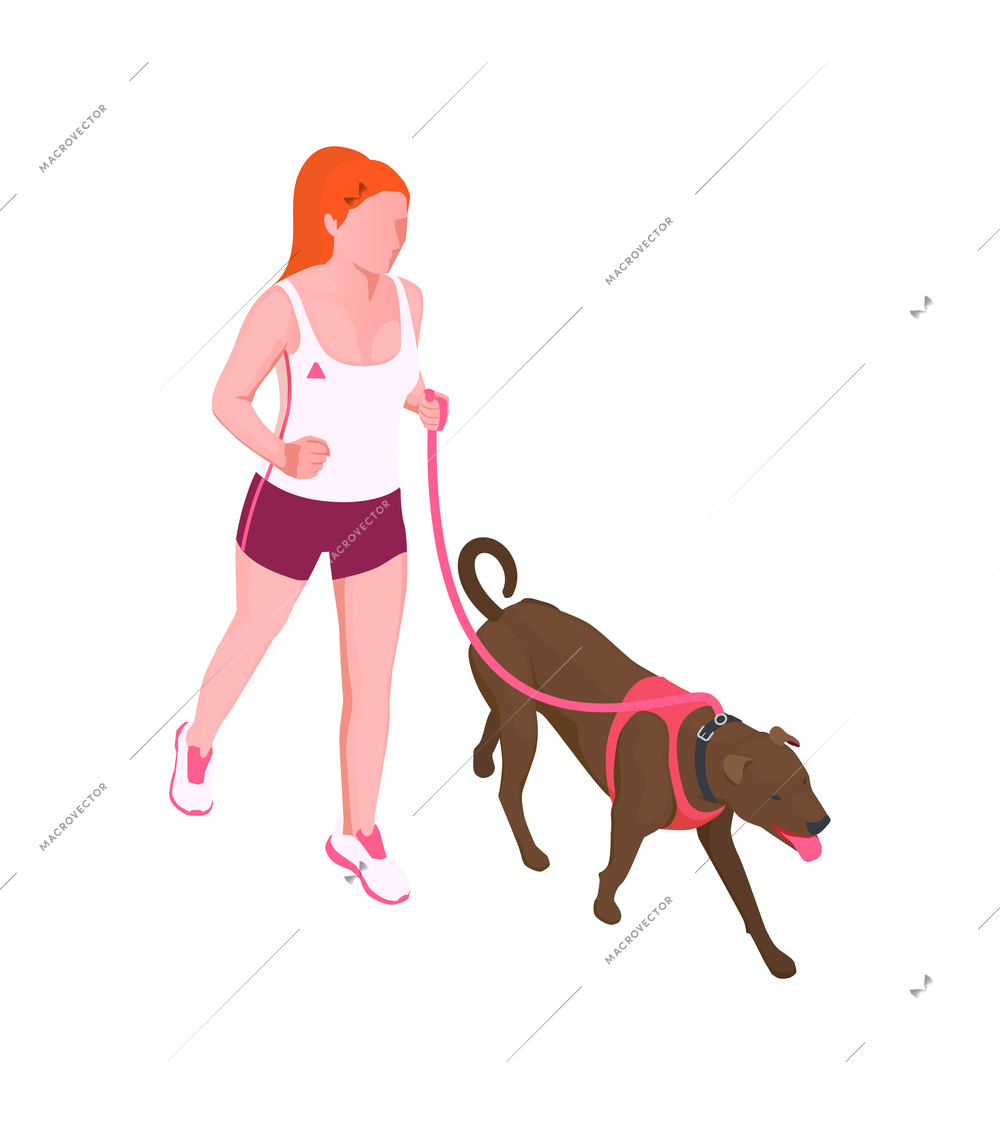 Running people isometric icon with woman and her dog 3d vector illustration