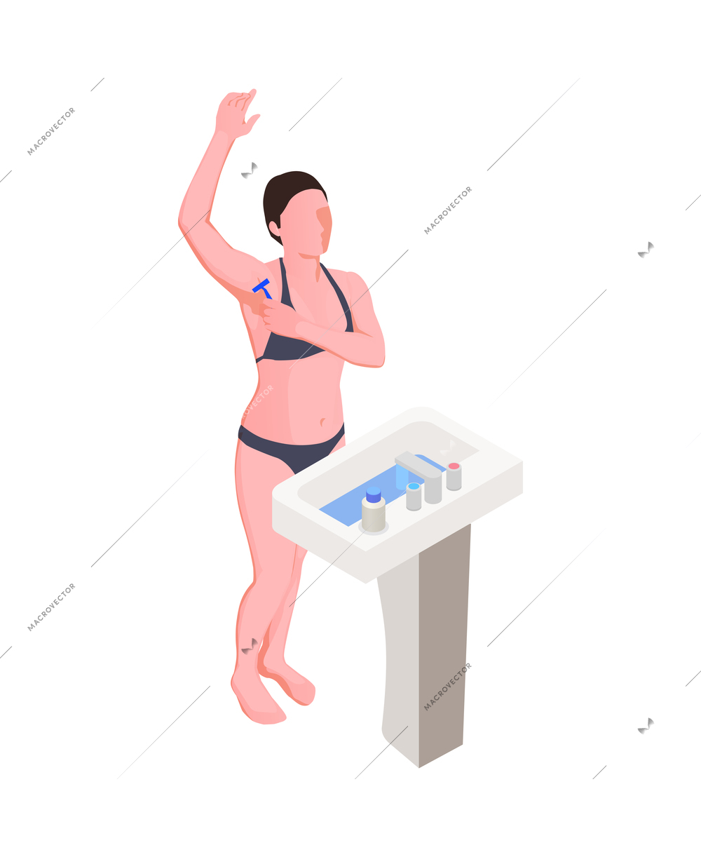 Hygiene isometric icon with woman shaving her armpit above sink 3d vector illustration