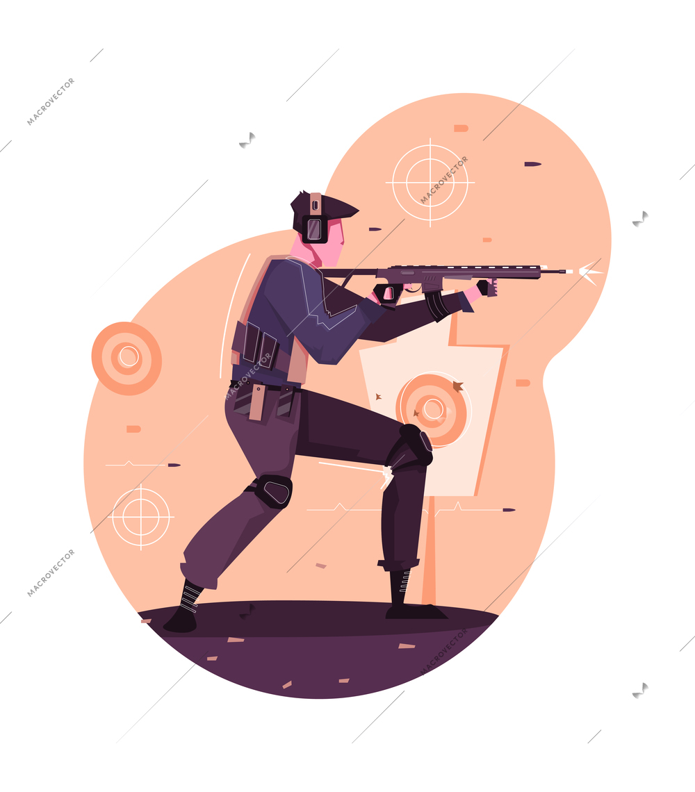 Military training composition with flat character of man shooting vector illustration