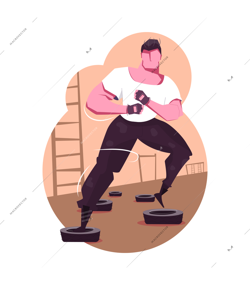 Military training flat composition with soldier running through tyres during obstacle course vector illustration