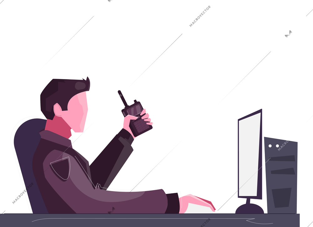 Security service composition with man monitoring cctv footage flat vector illustration