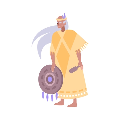 Flat character of smiling elderly indian shaman in traditional costume holding tambourine vector illustration