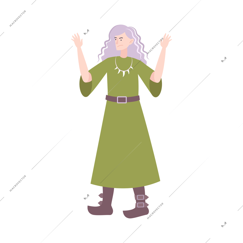 Angry medieval elderly witch in green dress flat vector illustration