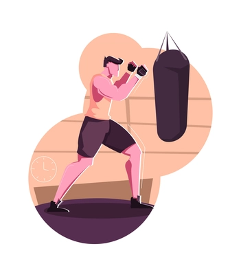 Military training composition with sporty man boxing in gym flat vector illustration