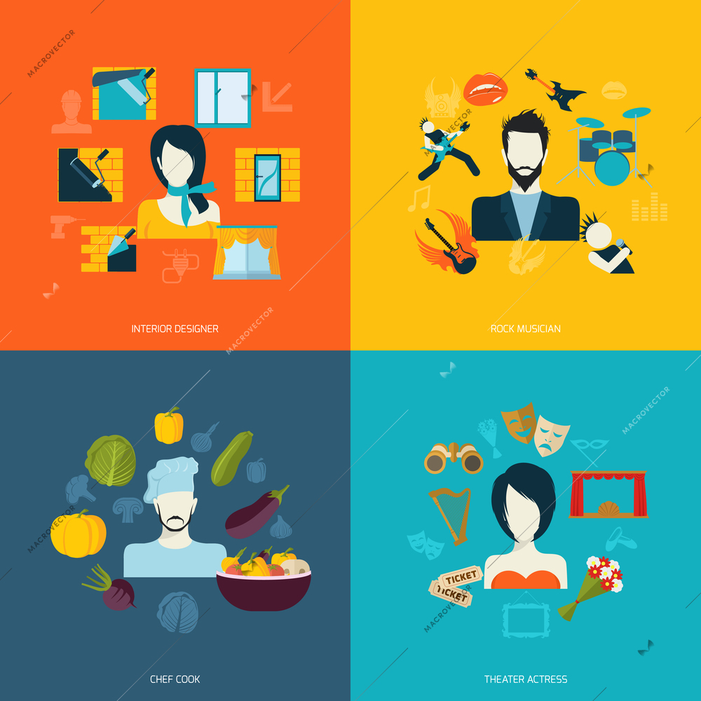 Avatars icons set flat with interior designer rock musician chef cook theater actress isolated vector illustration