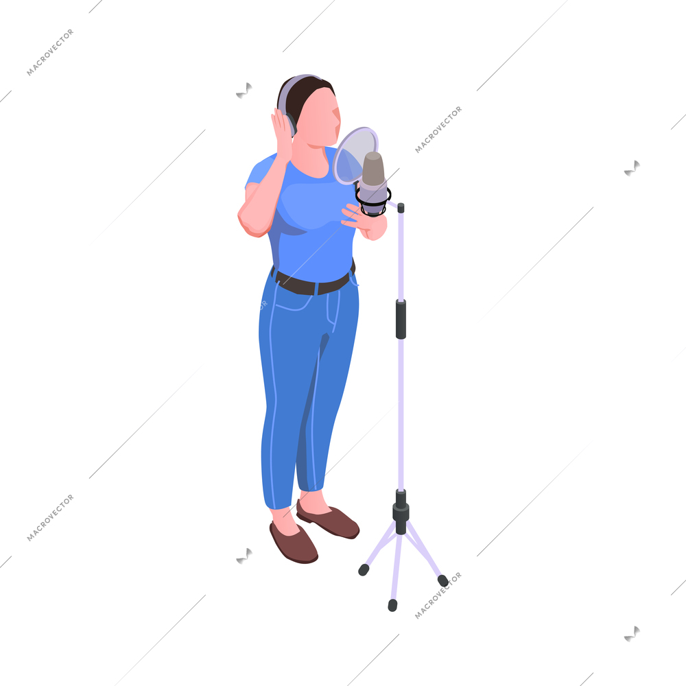 Music studio isometric icon with woman recording song 3d vector illustration