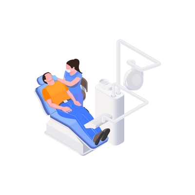 Female dentist and her patient at stomatology clinic isometric icon vector illustration