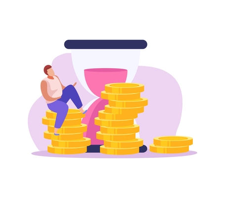 Crowdfunding flat icon with hourglass and male character sitting on stack of gold coins vector illustration