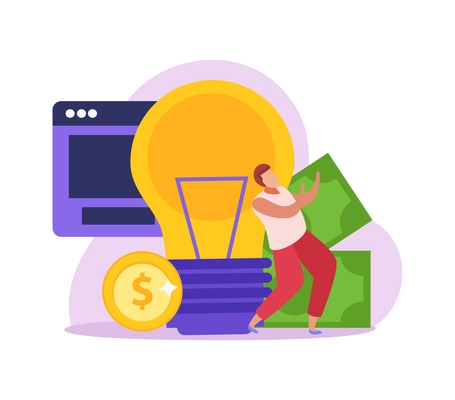 Crowdfunding flat icon with light bulb and character collecting money vector illustration