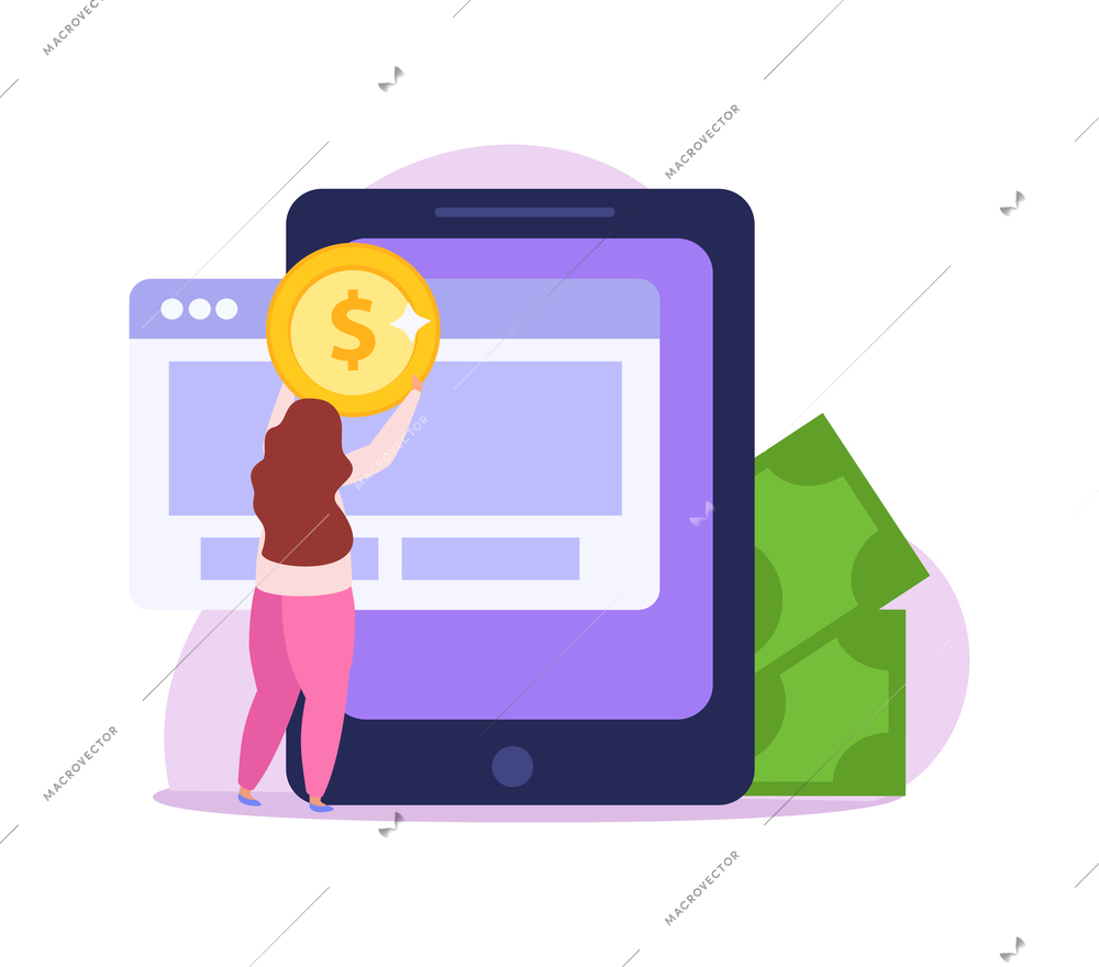 Crowdfunding flat icon with female character collecting money online vector illustration