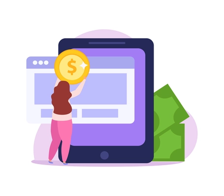 Crowdfunding flat icon with female character collecting money online vector illustration