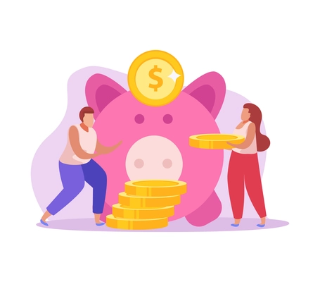 Crowdfunding flat icon with human characters putting coins into piggy money box vector illustration