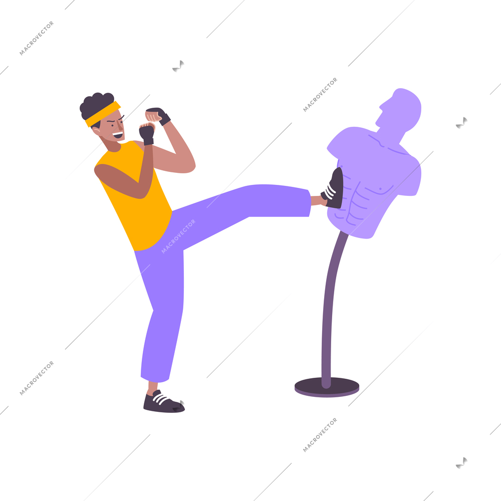 Flat icon with man reducing stress by boxing exercises vector illustration